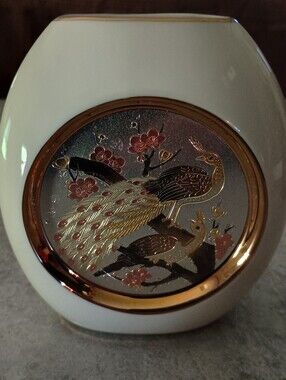 Decorative White Ceramic Vase with Gold and Pink Peacock Motif